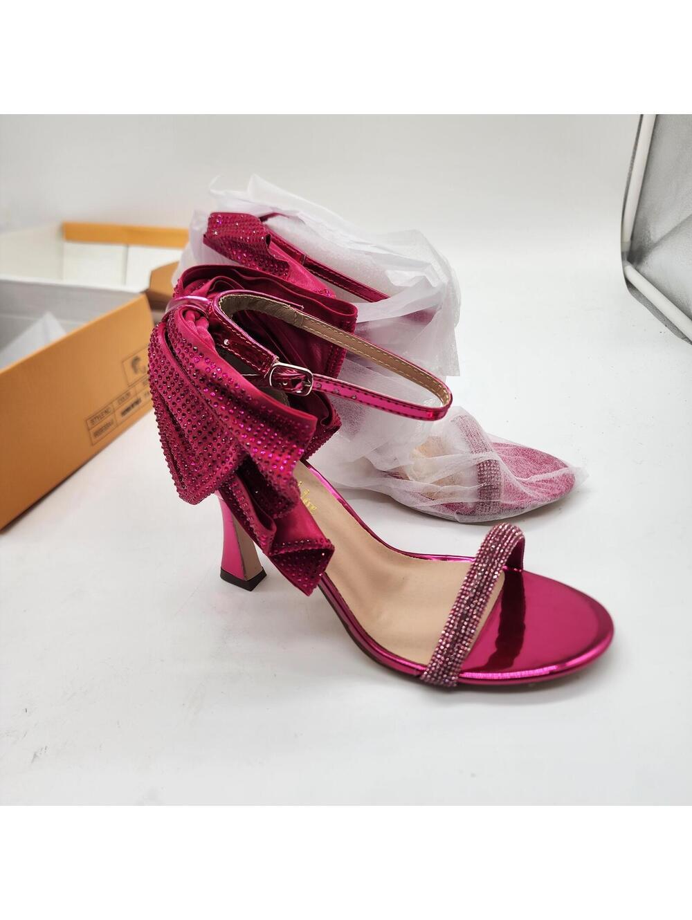New Draped Bow Rhinestone Sandal  Fuchsia metallic pink CHASE AND CHLOE 7.5